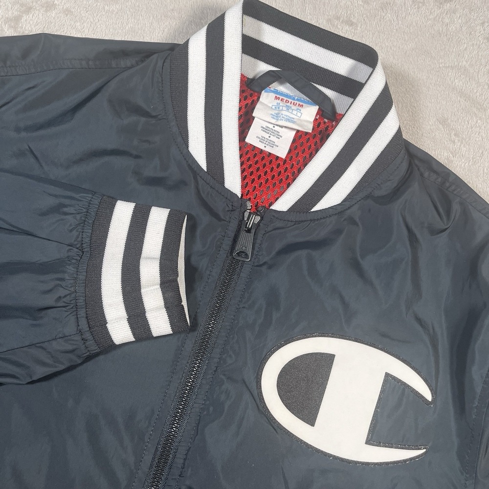Champion Men's Medium Black Bomber Style Satin Baseball Jacket Spellout Big Logo
